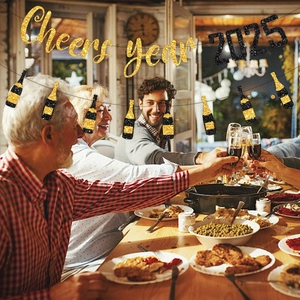 Glittering Cheers Year 2025 banner set in gold and black for New Year party decor