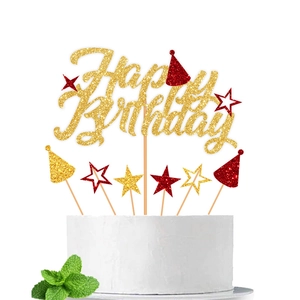 Set topper torta Happy Birthday glitter oro con stelle rosse e cappellini da festa
