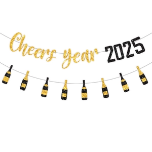 2025 New Year decoration banner with gold glitter Cheers Year text and bottle shapes