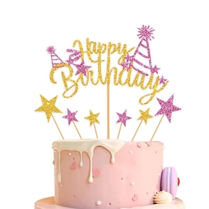 Happy Birthday Cake Topper Glitter Paper Stars Party Hat Decoration Kids Birthday Celebration Dessert Table Ornaments
