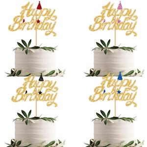 Gold Glitter Happy Birthday Cake Topper With Mini Party Hat Stars For Birthday Party Cake Decoration Inserts Wood Stick