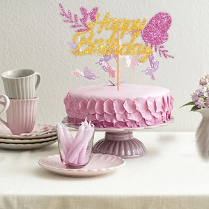 Pink butterfly cake topper set with gold Happy Birthday sign for party decoration