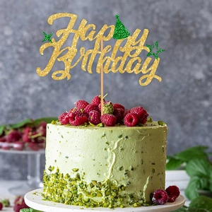 Topper per torta Happy Birthday dorato glitterato con stella e cappello decorativo