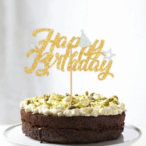 Topper per torta Happy Birthday glitterato oro con cappello da festa e stelle