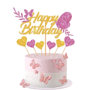 Pink and gold butterfly cake topper set for birthday party decorations on a white background