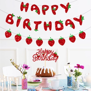 Strawberry Birthday Banner And Cake Topper And Garland Glitter Paper Happy Birthday Decorations For Kids Party