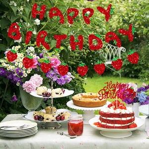 Strawberry theme Happy Birthday banner and cake topper set with red glitter finish
