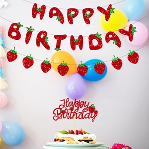Glittering strawberry themed happy birthday banner and cake topper set for party decorations