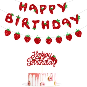 Glittery strawberry Happy Birthday banner set with matching cake topper for kids' parties