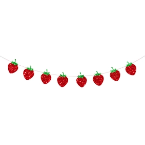 Detail of red glitter strawberry banner with 8 pendants for birthday party decor