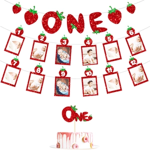 Strawberry Theme First Birthday Party Decorations Glitter Paper Hanging Banner Monthly Growth Photo Frames Cake Topper Baby Decor