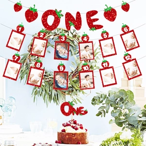 Strawberry themed 1st birthday party banner set with photo frames and cake topper