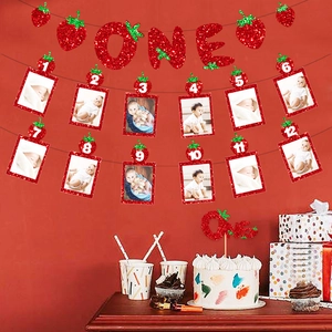 Strawberry themed first birthday party decoration kit with photo banners and cake topper