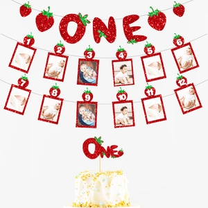 Strawberry first birthday photo banner set with glitter ONE cake topper and photo clips
