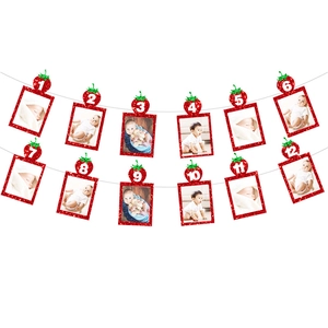 Baby first birthday strawberry glitter photo banner set with 12-month frames