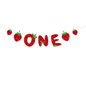Close-up of ONE strawberry birthday banner with red glitter finish and green leaf details