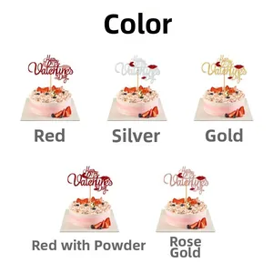 Glitter Happy Valentine's Day cake toppers in five colors shown on a strawberry cake