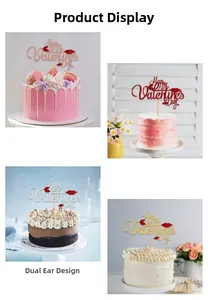 Close-up of glittery Happy Valentine's Day cake toppers in gold, red, and pink glitter finish