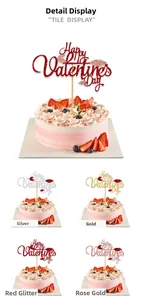 Detailed view of Happy Valentine's Day cake toppers in gold, silver, red, and rose gold