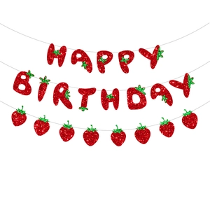 Glittering strawberry Happy Birthday banner set with red and green cake toppers