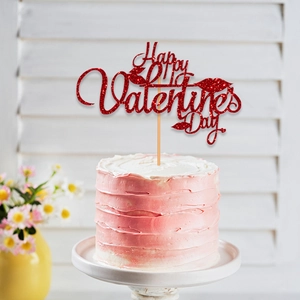 Sparkling red Happy Valentine's Day cake topper with lips decoration on pink cake
