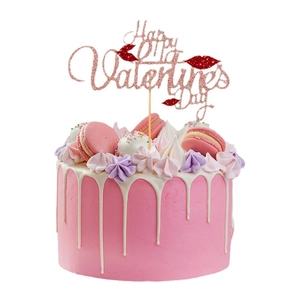 Rose gold glitter Happy Valentine's Day cake topper with red lips on a pink cake