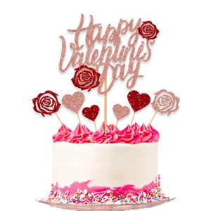 Kit décoration gâteau Happy Valentine's Day or rose pailleté avec fleurs et cœurs