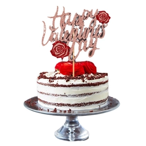 Décoration de gâteau Happy Valentine's Day en paillettes or rose et roses rouges