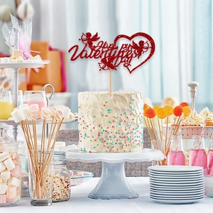 Happy Valentine's Day Cake Topper Set Glitter Paper Heart Cupid Rose Flowers Cake Decoration For Party Baking Supplies