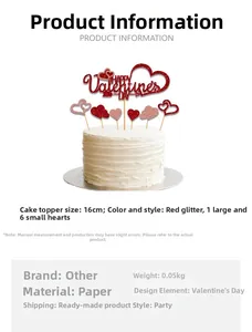 Close-up of glittery red Happy Valentine's Day cake topper set with six small hearts