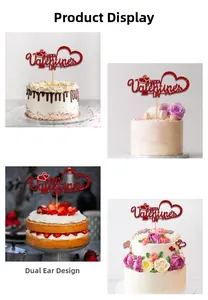 Detail of red glitter Happy Valentine's Day cake topper used on various cream desserts