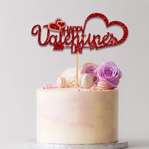 Red glitter HAPPY Valentine's DAY cake topper with hearts on a floral cream dessert