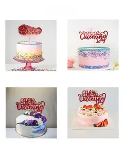 Glittery red Happy Valentines Day cake topper shown on four different styled cakes