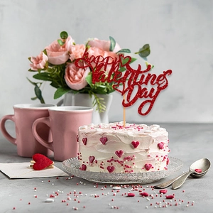 Décoration de gâteau pailletée rouge Happy Valentine's Day avec cœurs et fleurs