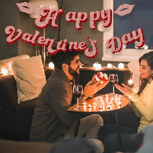 Glittery Happy Valentine's Day banner with pink lips and red string for romantic dating decor