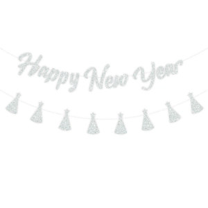 Détail de la bannière Happy New Year à paillettes argentées avec guirlande de chapeaux