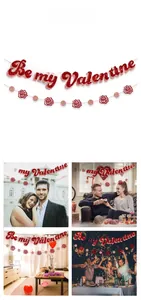 Detail of Be my Valentine glitter banner with red roses and pink dots for party decor