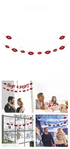 Détail de la bannière rouge pailletée Hugs & Kisses et guirlande de lèvres pour mariage
