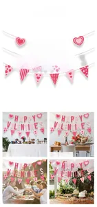 Pink and red Happy Valentines Day banner with glitter paper flags for party decoration