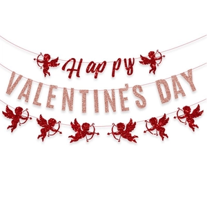 Bannière Happy Valentine's Day Guirlande Papier Pailleté Décor Ange Cupidon Mariage Fête Maison Déco Or Rose Rouge