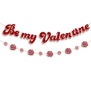 Valentine's Day Glitter Be My Valentine Banner Red Pink Rose Flower Heart Garland Hanging Decorations For Romantic Wedding Party Props