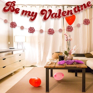 Glittery Be My Valentine banner set with pink and red floral party decorations