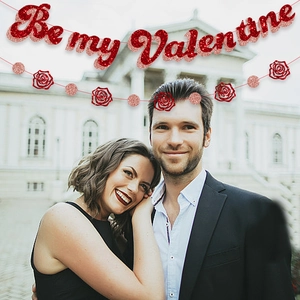 Glittery Be My Valentine banner with red roses and hearts for party wall decoration