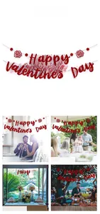 Detail of red glitter Happy Valentine's Day banner with roses for romantic party decor