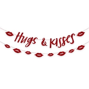 Guirlande rouge pailletée Hugs & Kisses avec lèvres pour déco de fête Saint-Valentin