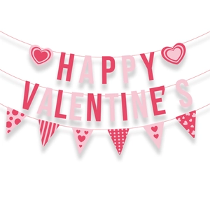 Ghirlanda Happy Valentine's Day rosa con ciondoli a cuore e bandierine decorative
