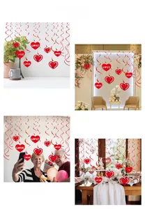 Romantic red heart spiral hanging decorations shown in various festive party settings