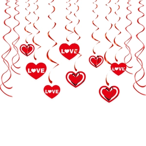 Red spiral hanging decorations with LOVE heart pendants for Valentine's Day party decor