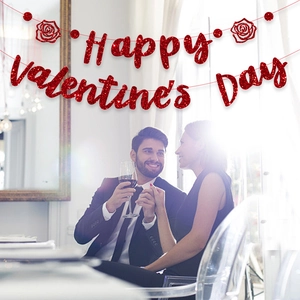 Happy Valentine's Day Banner Red Glitter Paper Garland With Rose Flower For Wedding Party Home Bedroom Background Decoration