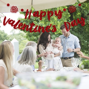 Glittery red Happy Valentine's Day banner with roses for outdoor party decoration